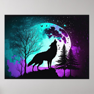 Wolf Howling bij de Moon Galaxy Stars Animal Poster