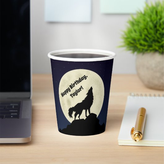 Wolf Howling bij Moon Midnight Blue Papieren Bekers (Insitu)