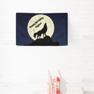 Wolf Howling bij Moon Midnight Blue Spandoek