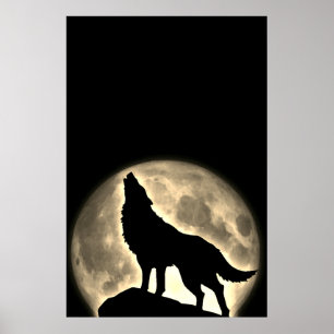 Wolf Howling bij Moon  Sepia Poster