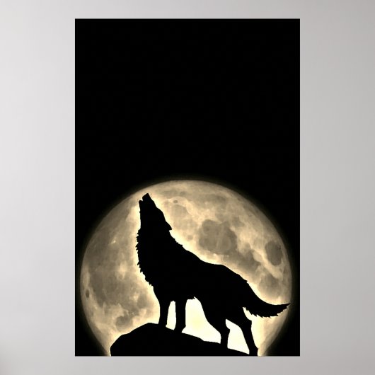 Wolf Howling bij Moon Sepia Poster (Voorkant)