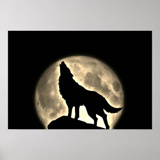 Wolf Howling Full Moon Night  Sepia Poster (Voorkant)