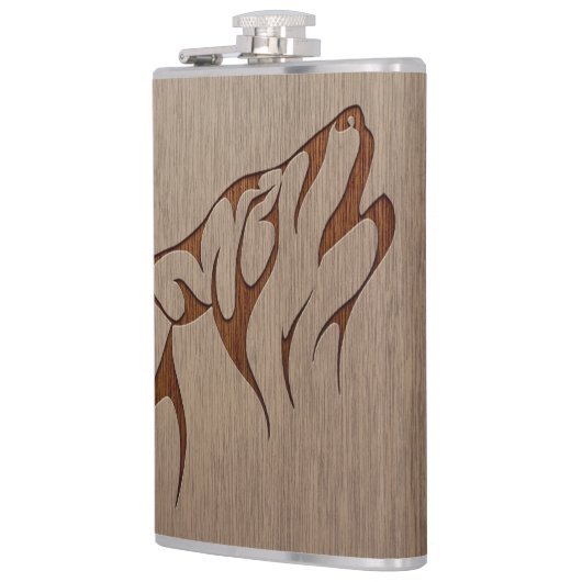 Wolf howling gegraveerd op houten design heupfles (Links)