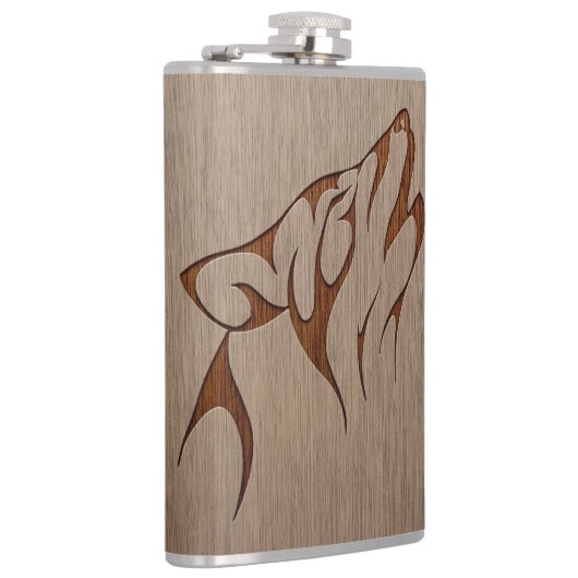 Wolf howling gegraveerd op houten design heupfles (Rechts)