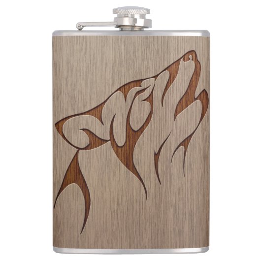 Wolf howling gegraveerd op houten design heupfles (Voorkant)