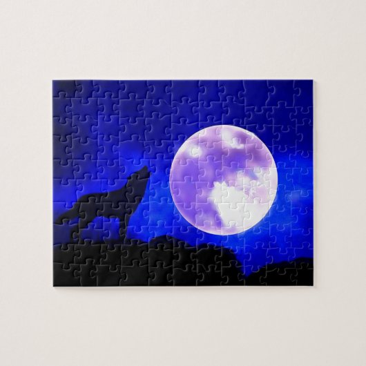 Wolf Howling in Moon Blue Night Artwork Animal Art Legpuzzel (Horizontaal)