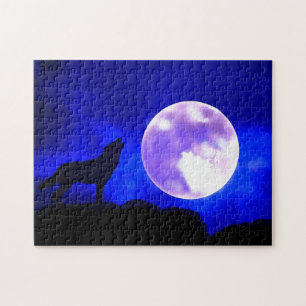 Wolf Howling in Moon Blue Night Artwork Animal Art Legpuzzel