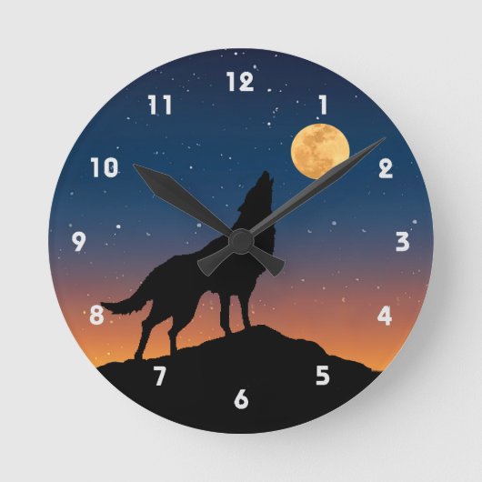 Wolf Howling met Full Moon Night Sky en Stars Ronde Klok (Voorkant)