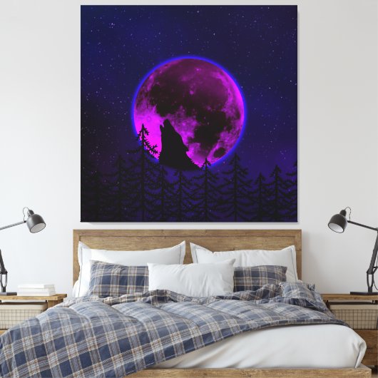 WOLF HOWLING MOON MAGENTA CANVAS AFDRUK (Insitu (Slaapkamer))