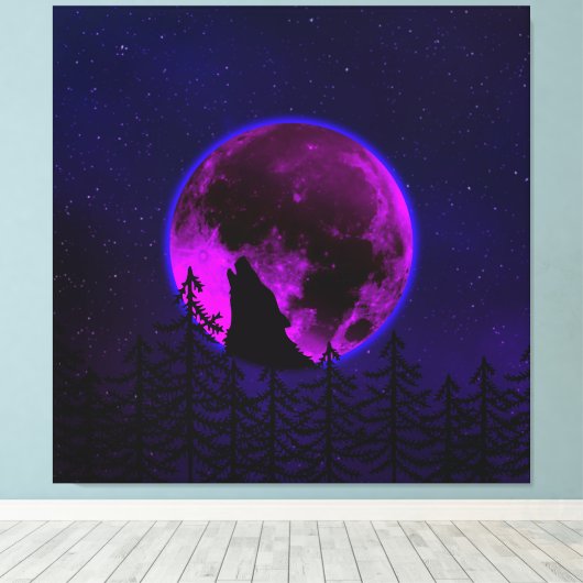 WOLF HOWLING MOON MAGENTA CANVAS AFDRUK (Insitu (Houten vloer))