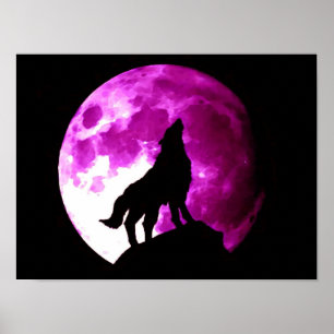 Wolf Howling op Moon Poster Print
