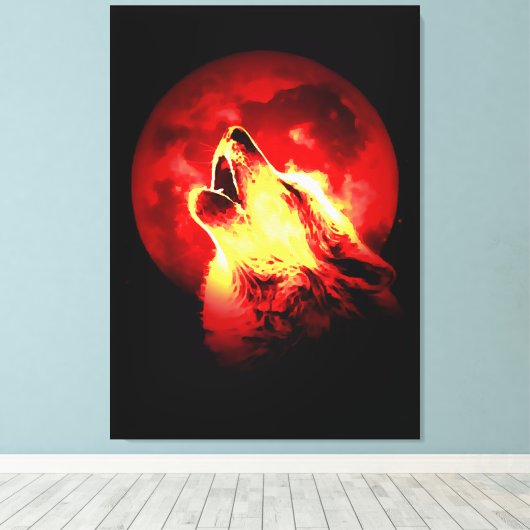 Wolf Howling & Rode Maan Verpakt Canvas (Insitu (Houten vloer))