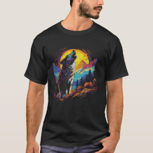 Wolf huilen bij de maan felle kleurrijke nacht Man T-shirt