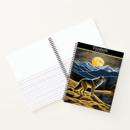 Wolf huilt bij de lichtgevende maan op een schetsb notitieboek