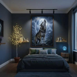Wolf huilt bij volle maan met onweersbui poster