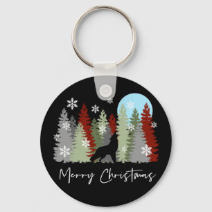 Wolf huilt in het bos vrolijke kerstbomen sleutelhanger