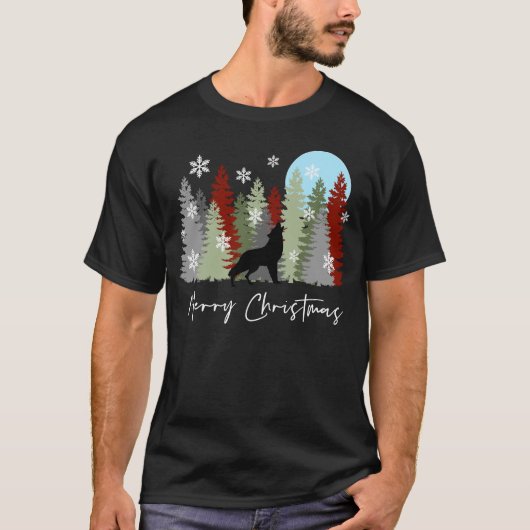 Wolf huilt in het bos vrolijke kerstbomen t-shirt (Voorkant)
