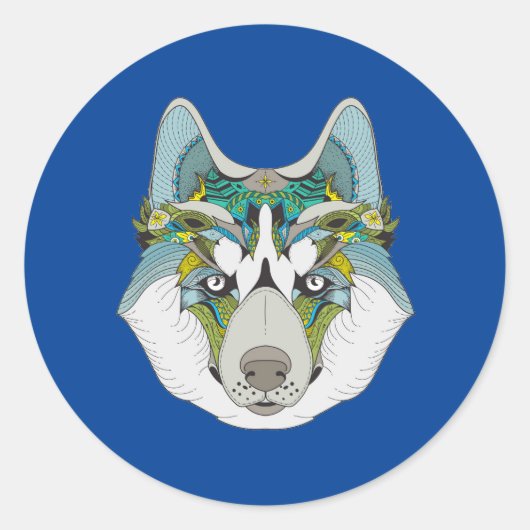 Wolf husky brak groen blauw ronde sticker (Voorkant)