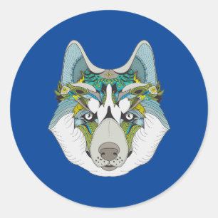 Wolf husky brak groen blauw ronde sticker