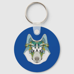 Wolf husky brak groen blauw sleutelhanger