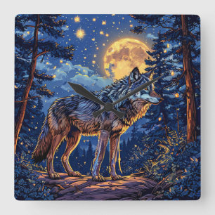 Wolf in bos vierkante klok