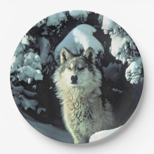 Wolf in de sneeuw papieren bordje