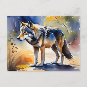 Wolf in een bos waterverf schilderij briefkaart