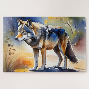 Wolf in een bos waterverf schilderij legpuzzel