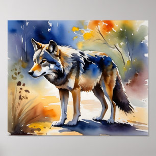 Wolf in een bos waterverf schilderij poster
