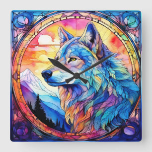 Wolf in Glas-in-lood Vierkante Klok