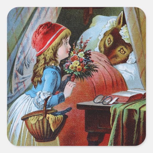 Wolf in Grandma Bed Vierkante Sticker (Voorkant)