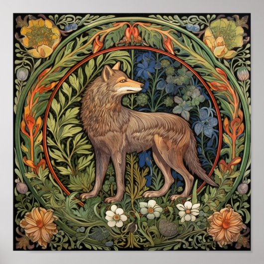 Wolf in het bos art nouveau poster (Voorkant)