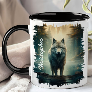 Wolf in nevelig bos mok