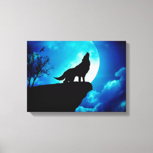 Wolf in silhouette die naar de volle maan kijkt canvas afdruk