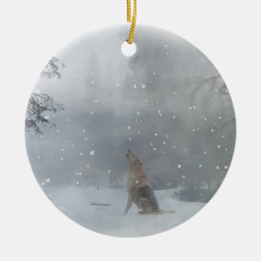 Wolf in sneeuwkerstversiering keramisch ornament (Voorkant)