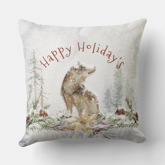 Wolf in snowy kersthout en feestbloemen kussen (Achterkant)