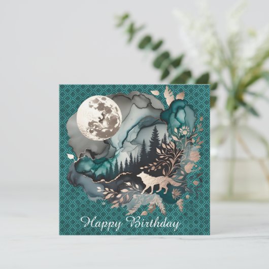 Wolf Landscape & Moon Happy Birthday Mannen (Staand voorkant)