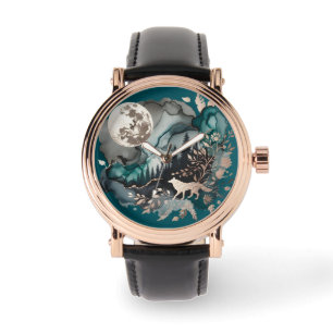 Wolf Landschap & Maan Blauwgroen Goud Horloge