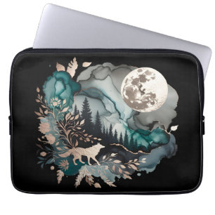 Wolf Landschap & Maan Blauwgroen Goud Laptop Sleeve