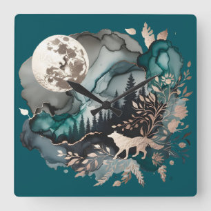 Wolf Landschap & Maan Blauwgroen Goud Vierkante Klok