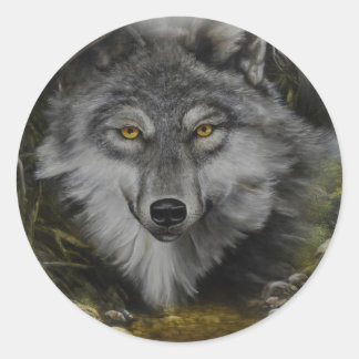 Wolf mengt zich in rivierschilderij ronde sticker