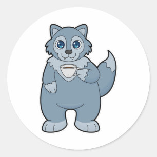 Wolf met beker koffie ronde sticker