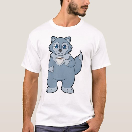 Wolf met beker koffie t-shirt (Voorkant)