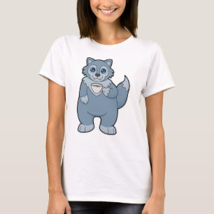 Wolf met beker koffie t-shirt