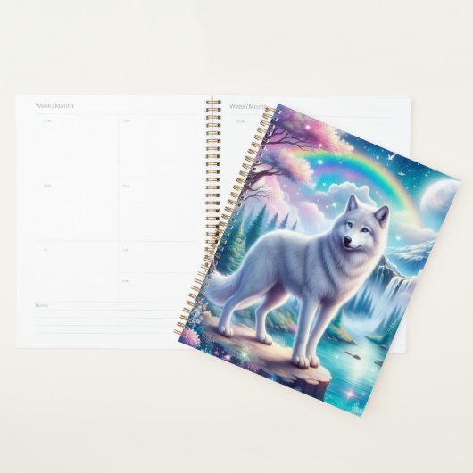 Wolf met een regenboog en waterval planner (Display)
