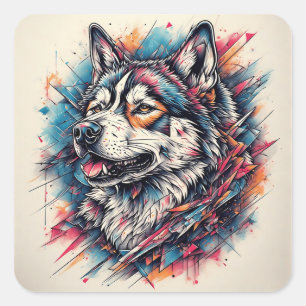 Wolf met geometrische elementen en levendige kleur vierkante sticker