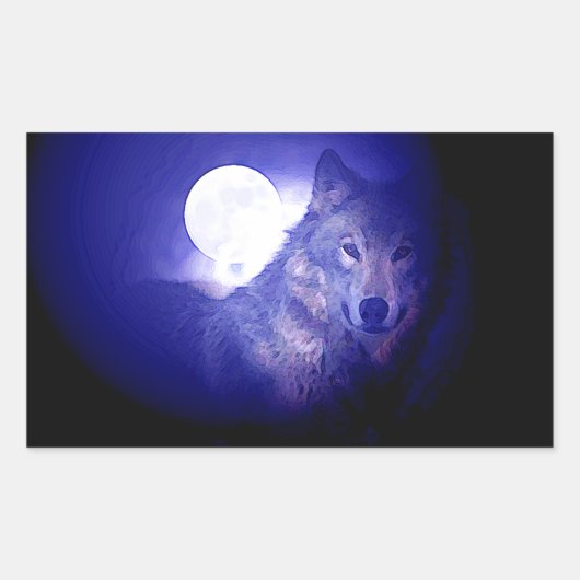 Wolf, Moon en Blue Night Rechthoekige Sticker (Voorkant)