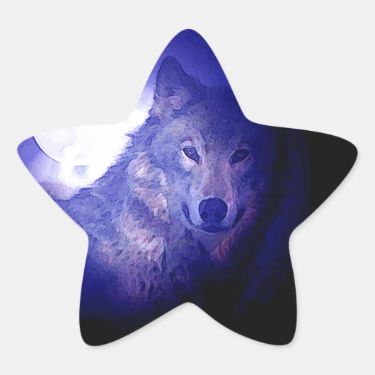 Wolf, Moon en Blue Night Ster Sticker (Voorkant)