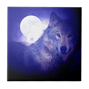 Wolf, Moon en Blue Night Tegeltje