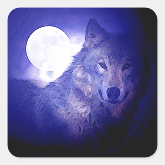 Wolf, Moon en Blue Night Vierkante Sticker (Voorkant)
